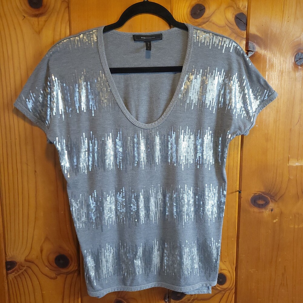 BCBGMAXAZRIA Small Gray Sequin Embellished Blouse Short Sleeve